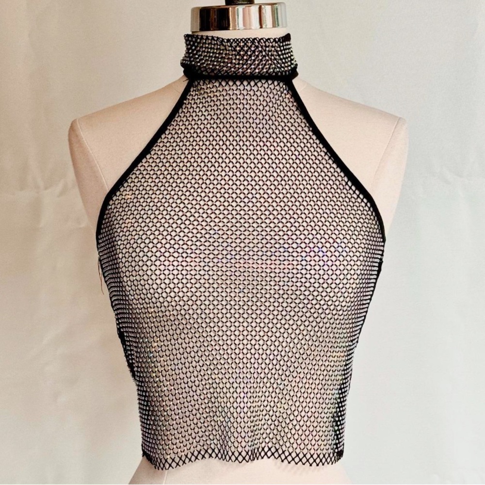 Unicorn Sparkle Black Iridescent Mesh Halter Top